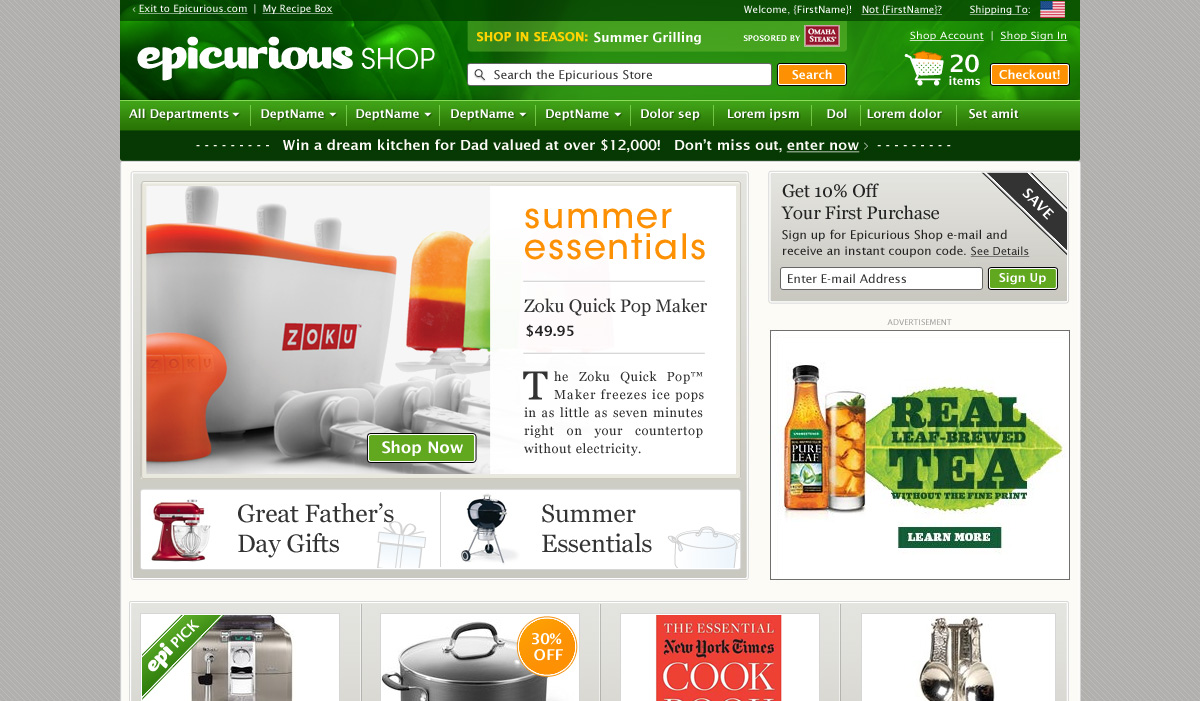 Epicurious Shop Homepage