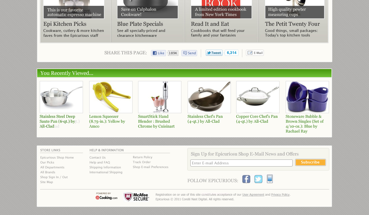Epicurious Shop Homepage