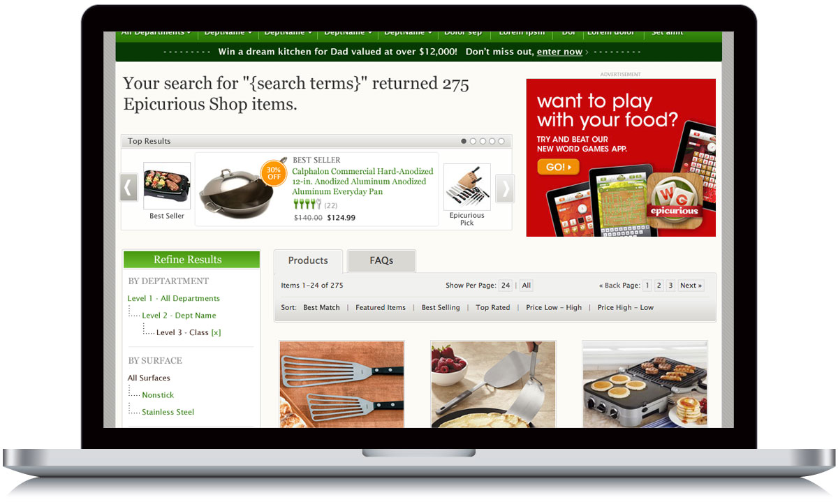 Epicurious Shop Search Page